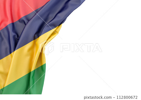 Flag of Mauritius in the corner on white background. 3D rendering. Isolated 112800672