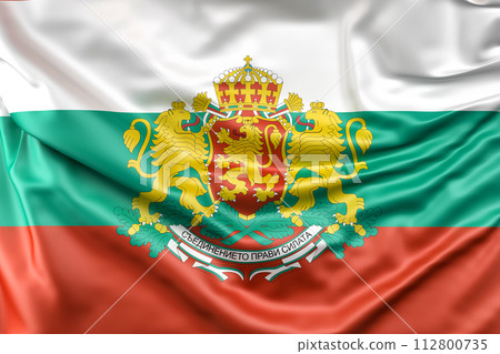 Ruffled Flag of Bulgaria with Coat of Arms. 3D Rendering 112800735
