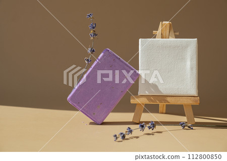 Paper note template mock up copy space Handcrafted purple lavender soap with lavender flowers. Natural hydrating moisturiser softness cosmetic. Organic calming beauty skincare product. Herbal self 112800850