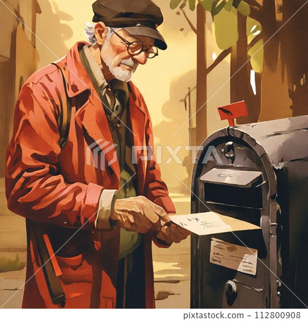 Elderly man posting a letter in the mailbox 112800908