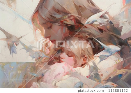 Embrace timeless love with this serene digital artwork featuring a mother gently holding her child 112801152