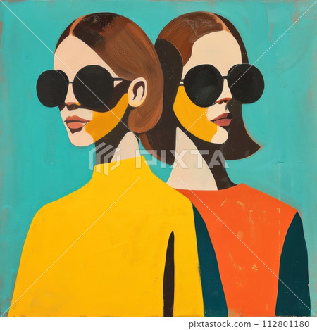 Dual retro fashion vibes with this chic illustration of two stylized ladies 112801180