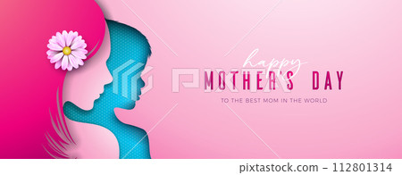 Happy Mother's Day Greeting Card Design with Spring Flower in Woman Face and Child Silhouette on Light Pink Background. Vector Mothers Day Illustration for Banner, Flyer, Invitation, Brochure, Poster. 112801314