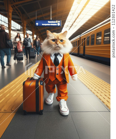 An elegant person in a vibrant orange suit waits with luggage at the platform of a busy train station, symbolizing travel and style 112801422