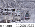 Keihan Ishiyama Sakamoto Line 600 type 613-614 formation bound for Sakamoto Hieizanguchi Remaining snow Snowfall and snowfall at Shigari First Level Crossing 112801583