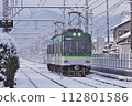 Keihan Ishiyama Sakamoto Line 600 type 613-614 formation bound for Sakamoto Hieizanguchi Remaining snow Snowfall and snowfall at Shigari First Level Crossing 112801586