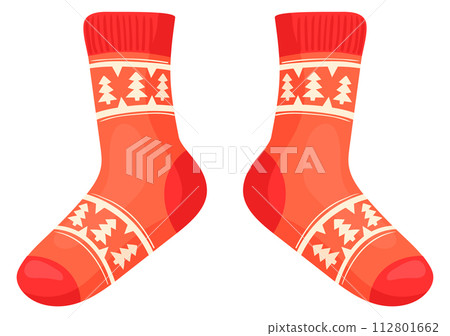 Warm red socks. Cartoon woolen knitwear icon Warm red socks. Cartoon woolen knitwear icon 112801662