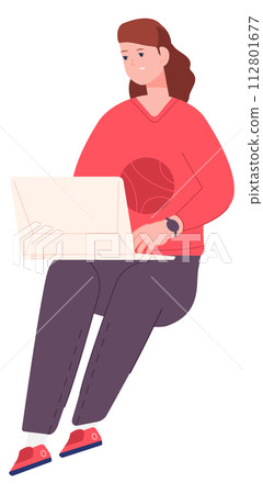 Woman working on laptop. Freelancer character. Blogging lifestyle Woman working on laptop. Freelancer character. Blogging lifestyle 112801677