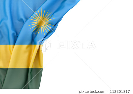 Flag of Rwanda in the corner on white background. 3D rendering. Isolated Flag of Rwanda in the corner on white background. 3D rendering. Isolated 112801817