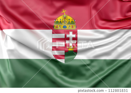 Ruffled Flag of Hungary with Coat of Arms. 3D Rendering 112801831