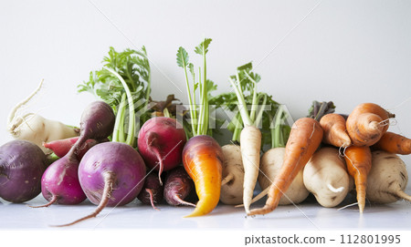 A vibrant array of fresh herbs and vegetables, forms a captivating display on the clear white surface. 112801995