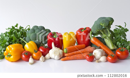A vibrant array of fresh herbs and vegetables, forms a captivating display on the clear white surface. 112802016