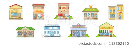 Shops Building Front and Exterior on City Street Vector Set Shops Building Front and Exterior on City Street Vector Set 112802120