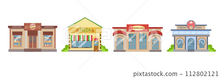 Shops Building Front and Exterior on City Street Vector Set 112802121