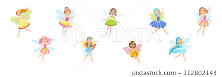 Cute Girl Fairy with Wings and in Pretty Dress Vector Set 112802143