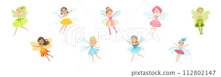 Cute Girl Fairy with Wings and in Pretty Dress Vector Set Cute Girl Fairy with Wings and in Pretty Dress Vector Set 112802147