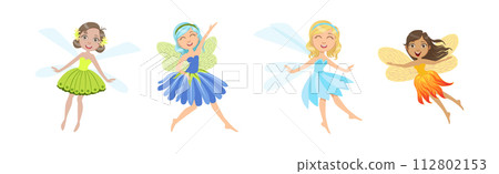 Cute Girl Fairy with Wings and in Pretty Dress Vector Set 112802153