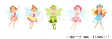 Cute Girl Fairy with Wings and in Pretty Dress Vector Set Cute Girl Fairy with Wings and in Pretty Dress Vector Set 112802154