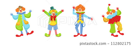 Circus Clown Character in Jester Costume with Nose Vector Set Circus Clown Character in Jester Costume with Nose Vector Set 112802175