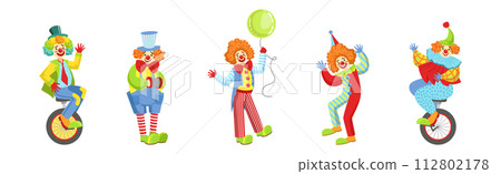 Circus Clown Character in Jester Costume with Nose Vector Set 112802178