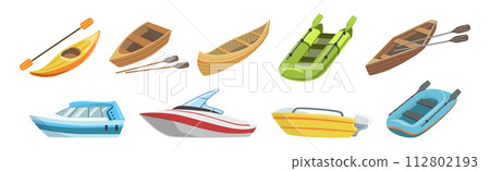 Boat and Marine Vessel with Paddle for Sailing Vector Set 112802193