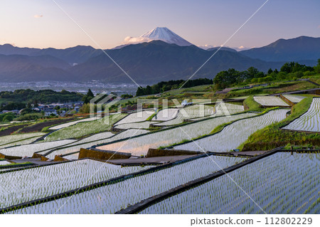[Yamanashi Prefecture] Mt. Fuji and terraced rice fields at dawn/early summer in Japan's original scenery [Nakano Rice Terraces] 112802229