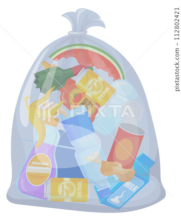Trash in plastic transparent bag. Waste junk package 112802421