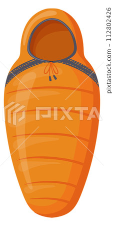 Portable camping bed. Orange cartoon sleeping bag Portable camping bed. Orange cartoon sleeping bag 112802426