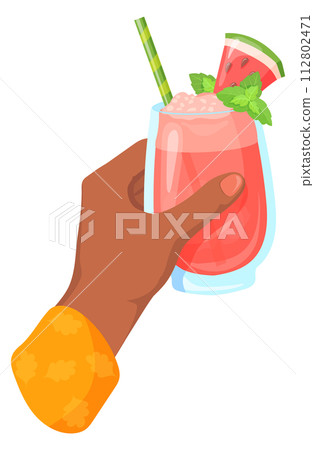 Summer alcohol beverage in human hand. Watermelon cocktail 112802471