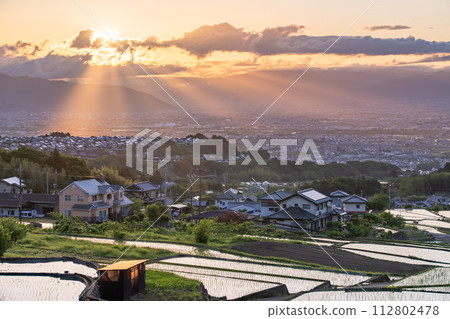 《山梨縣》日本黎明與初夏梯田的原始景觀《中野梯田》 112802478