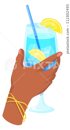 Fresh drink glass in human hand. Cold water with lemon 112802493