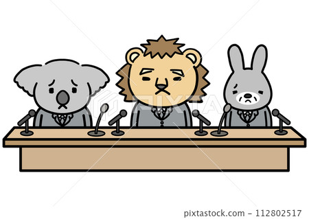 Three businessman-like animal characters holding a press conference with troubled expressions 112802517