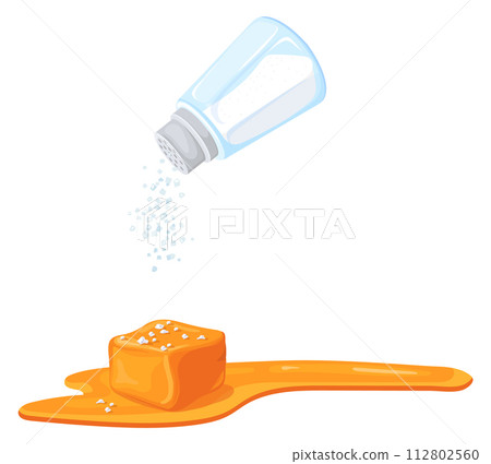 Caramel cooking process. Salt dropping from shaker cartoon icon Caramel cooking process. Salt dropping from shaker cartoon icon 112802560
