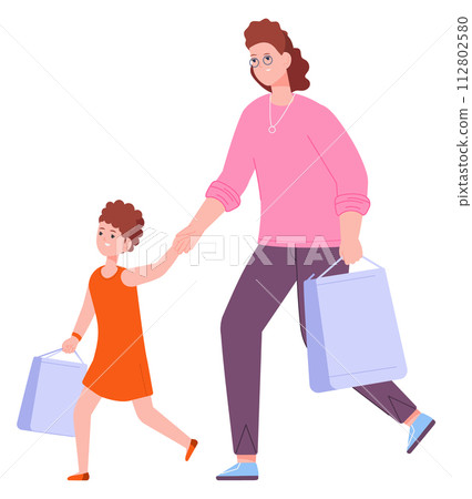 Mother and daughter shopping together. Happy women with paper bags 112802580