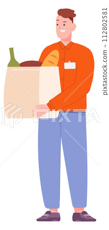 Happy man with groceries in paper bag. Food shopping 112802581