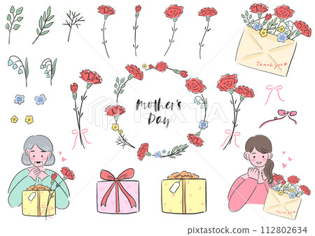 Mother's Day, carnations and mom with gifts and decorations, cute hand drawn illustration set Mother's Day, carnations and mom with gifts and decorations, cute hand drawn illustration set 112802634