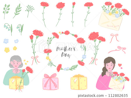 Mother's Day, carnations and mom with gifts and decorations, cute hand drawn illustration set Mother's Day, carnations and mom with gifts and decorations, cute hand drawn illustration set 112802635