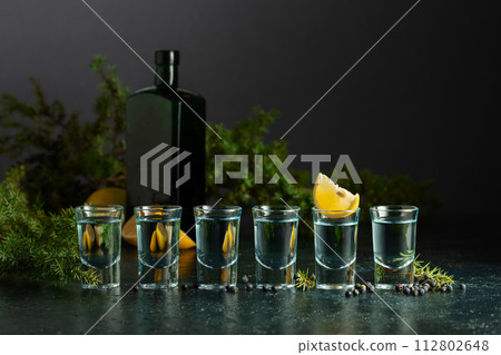 Gin with juniper berries, lemon slices, and vintage bottle. Gin with juniper berries, lemon slices, and vintage bottle. 112802648