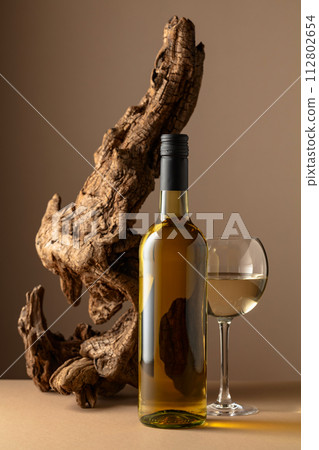 White wine and old snag on a beige background. 112802654