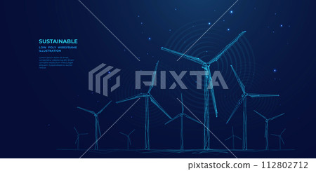 Polygonal wind power. Wind turbine farm landscape. Windmill park. Polygonal wind power. Wind turbine farm landscape. Windmill park. 112802712