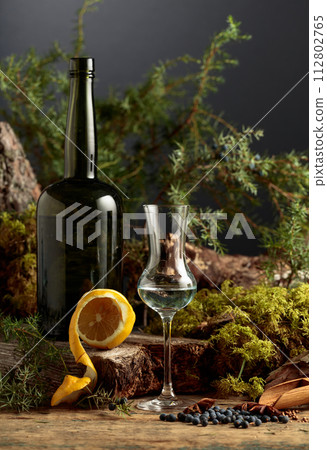Gin in a small glass and an antique bottle. 112802765