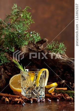Cocktail gin-tonic with lemon, cinnamon, anise, and juniper berries. 112802837