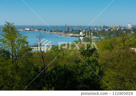 Panoramic view of bustling harbor with cranes. Ships docked at industrial sea port. Urban skyline against clear blue sky. Commercial shipping, maritime trade, global logistics concept. 112803029