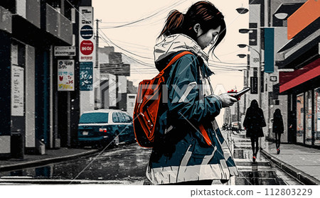 A woman walking around town while looking at a smartphone: A woman using a smartphone while walking 112803229