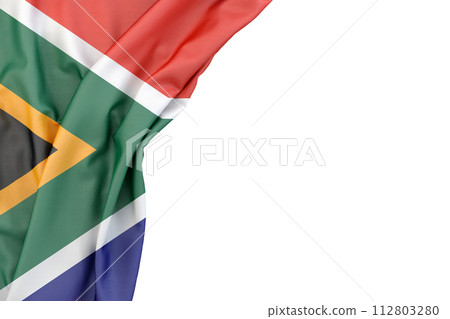 Flag of the Republic of South Africa in the corner on white background. 3D rendering. Isolated 112803280