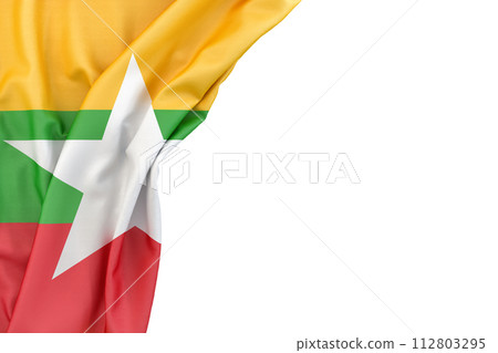 Flag of Myanmar in the corner on white background. 3D rendering. Isolated 112803295