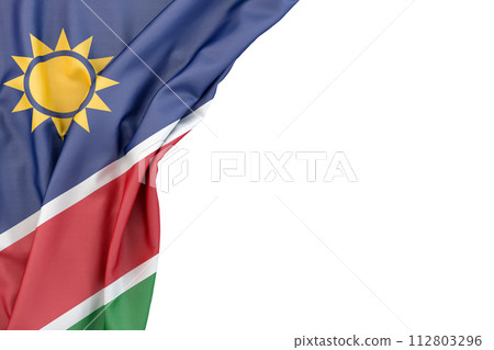 Flag of Namibia in the corner on white background. 3D rendering. Isolated 112803296