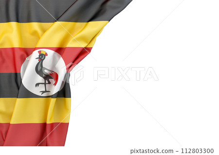 Flag of Uganda in the corner on white background. 3D rendering. Isolated Flag of Uganda in the corner on white background. 3D rendering. Isolated 112803300