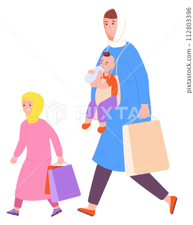 Islamic woman shopping with kids. Muslim customers 112803396