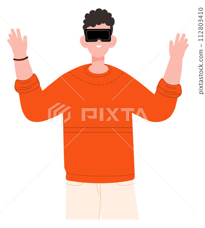 Boy in vr headset. Virtual reality device simulation Boy in vr headset. Virtual reality device simulation 112803410